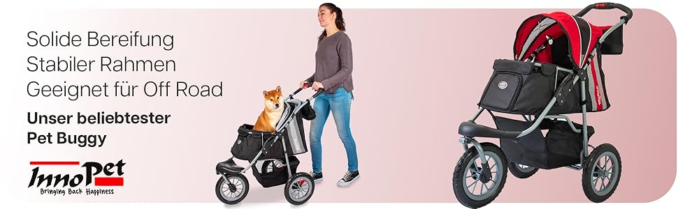 Візок для собак Innopet Comfort EFA Eco чорний/червоний – розкладний візок для собак та котів, підходить для лісу та пляжу, з великими колесами 30см, вантажопідйомність 25кг, з повідками