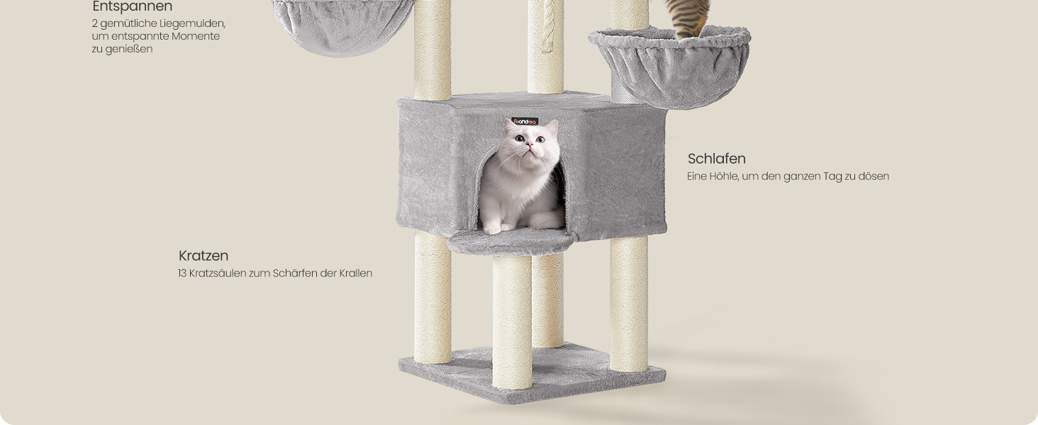Декілька поверхів, великий котячий будиночок Feandrea, XXL, 55 x 55 x 186,7 см, товсті сизалеві стовпи (11 см), для великих котів (наприклад, мейн-кун), сірий та чорний котячий будиночок, PCT008G02