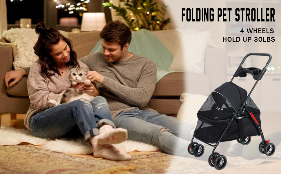 Дитяча коляска для домашніх тварин (собаки, коти), складна туристична коляска, коляска-біговик для котів та собак з підстаканником, регульованим капюшоном та великим кошиком, 1 комплект