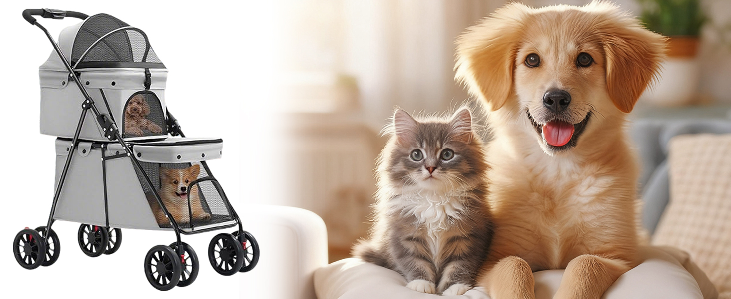 Складаний візок для собак на 2 ярусах, переноска для домашніх тварин до 24 кг, візок для собак з сітковими віконцями, ремінь безпеки, 4 колеса, складаний візок для котів та маленьких собак (чорний)