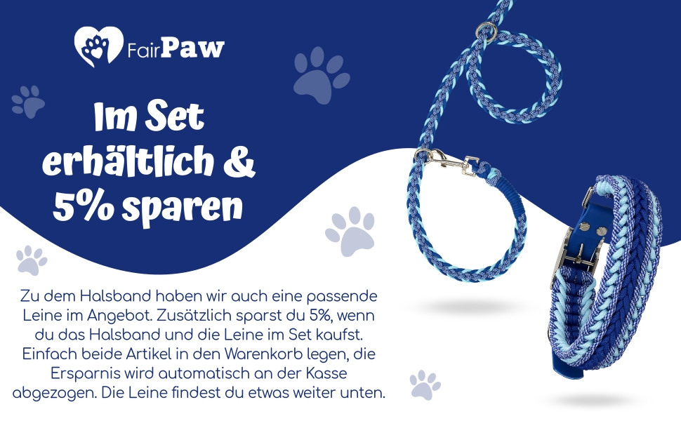 Широкий нашийник для собак FairPaw з паракорду, ручна робота, регульований, для середніх і великих собак, синій, L, екологічний