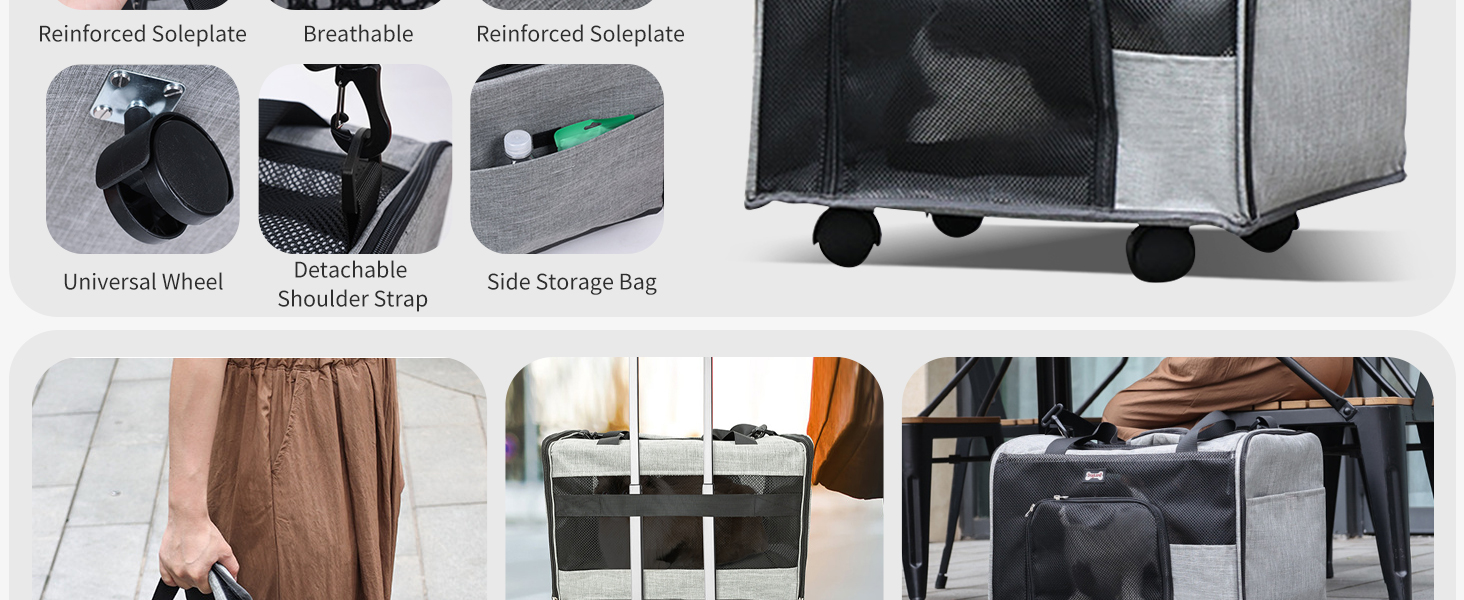 Транспортний бокс для котів та собак PETCUTE, складаний, з килимком, бічні кишені, з колесами, для подорожей та кемпінгу, сірий