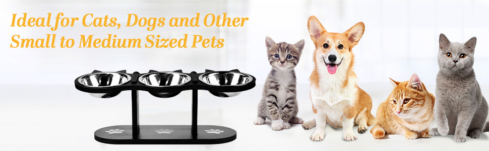 Набір мисок для котів 3 шт. з нержавіючої сталі, підняті миски для котів та маленьких собак, дерев'яна годівниця для котів, чорний колір