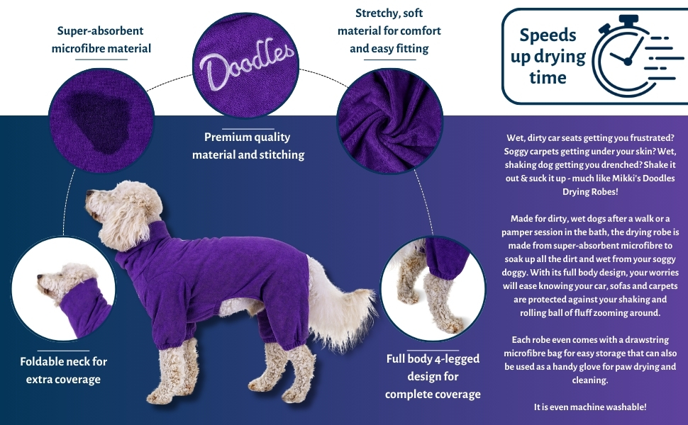 Рушник для собак Mikki Doodles, розмір L, фіолетовий, для кучерявої шерсті, швидковисихаючий, з мікрофібри