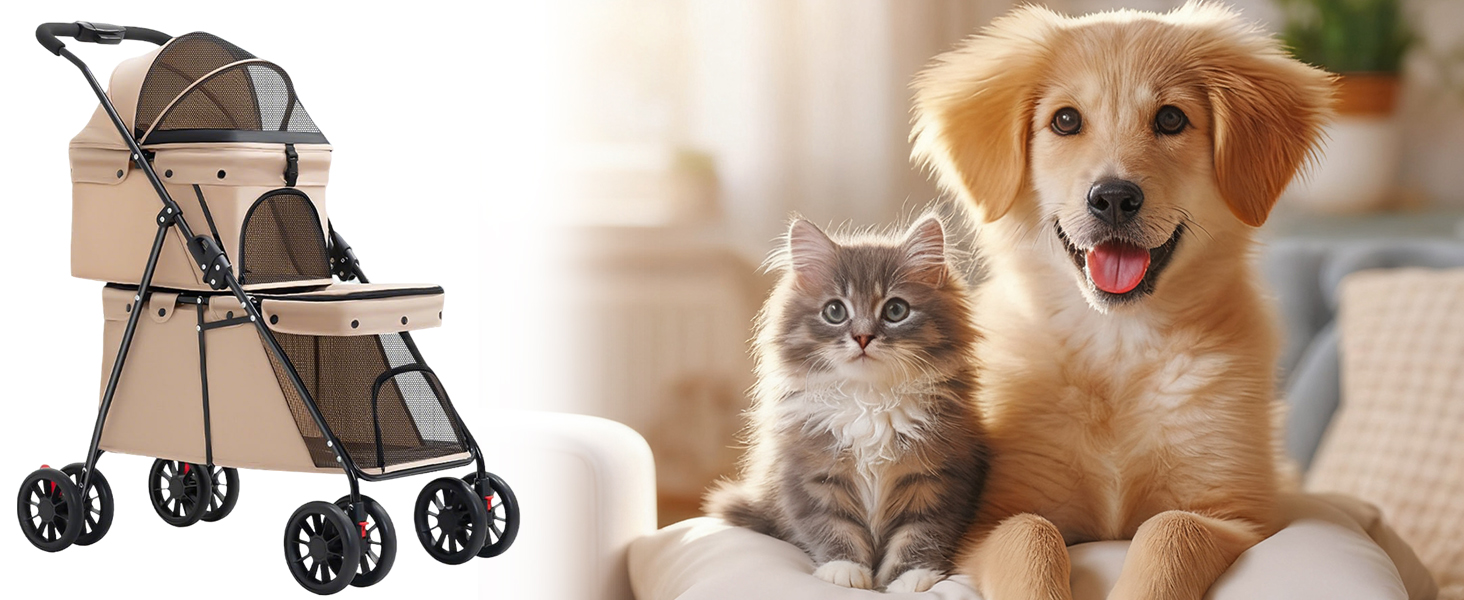 Складаний візок для собак на 2 яруси, переноска для домашніх тварин до 24 кг, візок для собак з сітчастими віконцями, ремінь безпеки, 4 колеса, складаний візок для котів та маленьких собак (колір: коричневий)