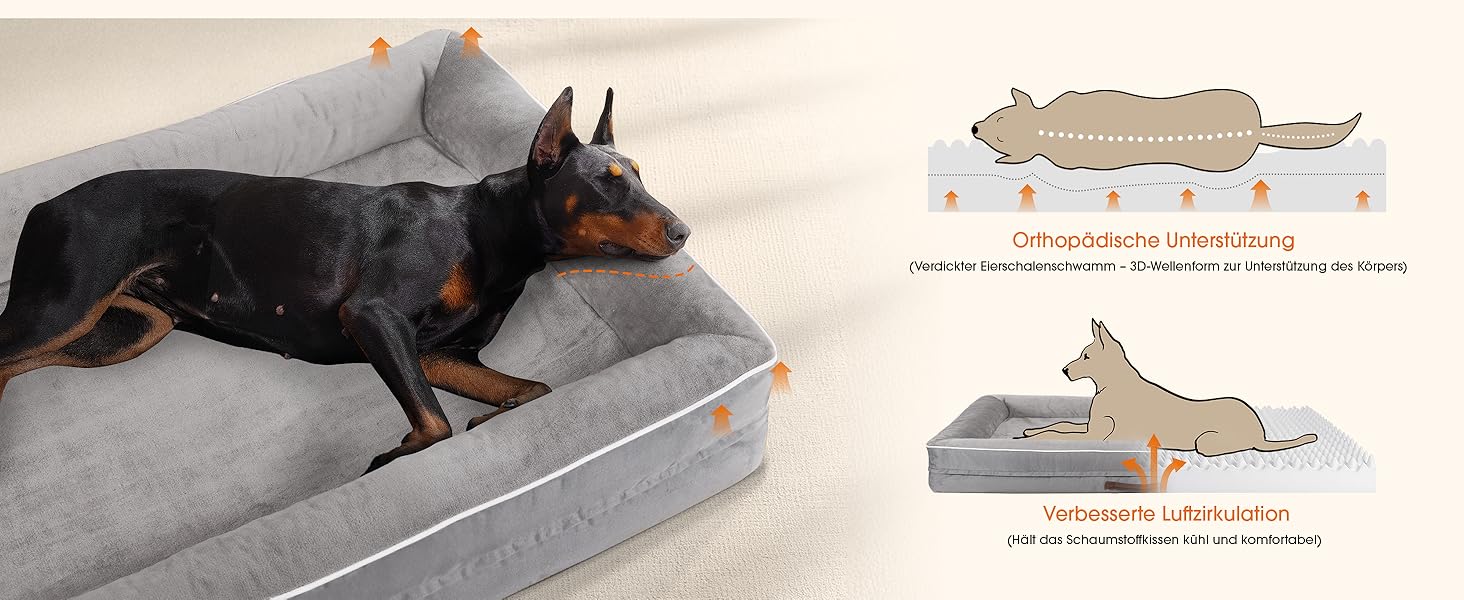 Ортопедичне ліжко для собак XL, корзина для собак, що можна прати, з піною у формі яйця, вологостійкий диван для собак з неслизьким дном та чотиристоронньою подушкою (світло-сірий, 117x76x19 см)