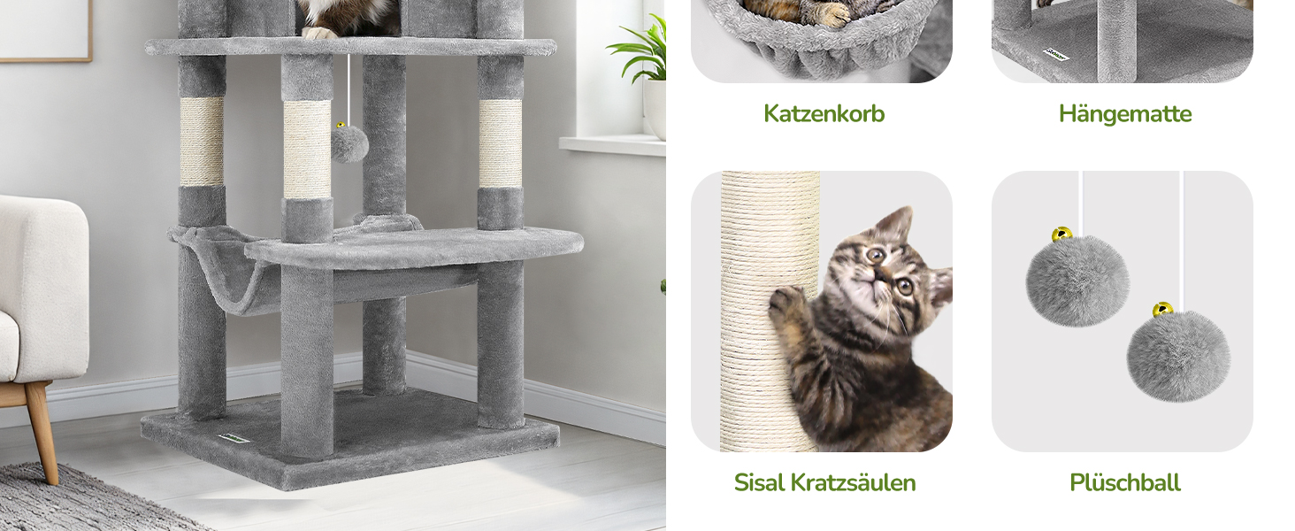 Кігтеточка Globlazer велика, стабільна кутова з великим будиночком для котів, платформа з м'яким покриттям, гамак, м'який кошик, кігтеточка висотою 130 см для кількох великих котів, для дому (XL, світло-сірий)