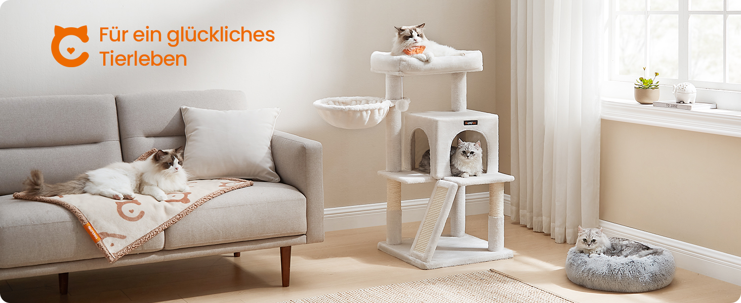 Дерево для котів Feandrea 96 см з платформою, будиночком, гамаком та сходами, PCT51W (кремовий)