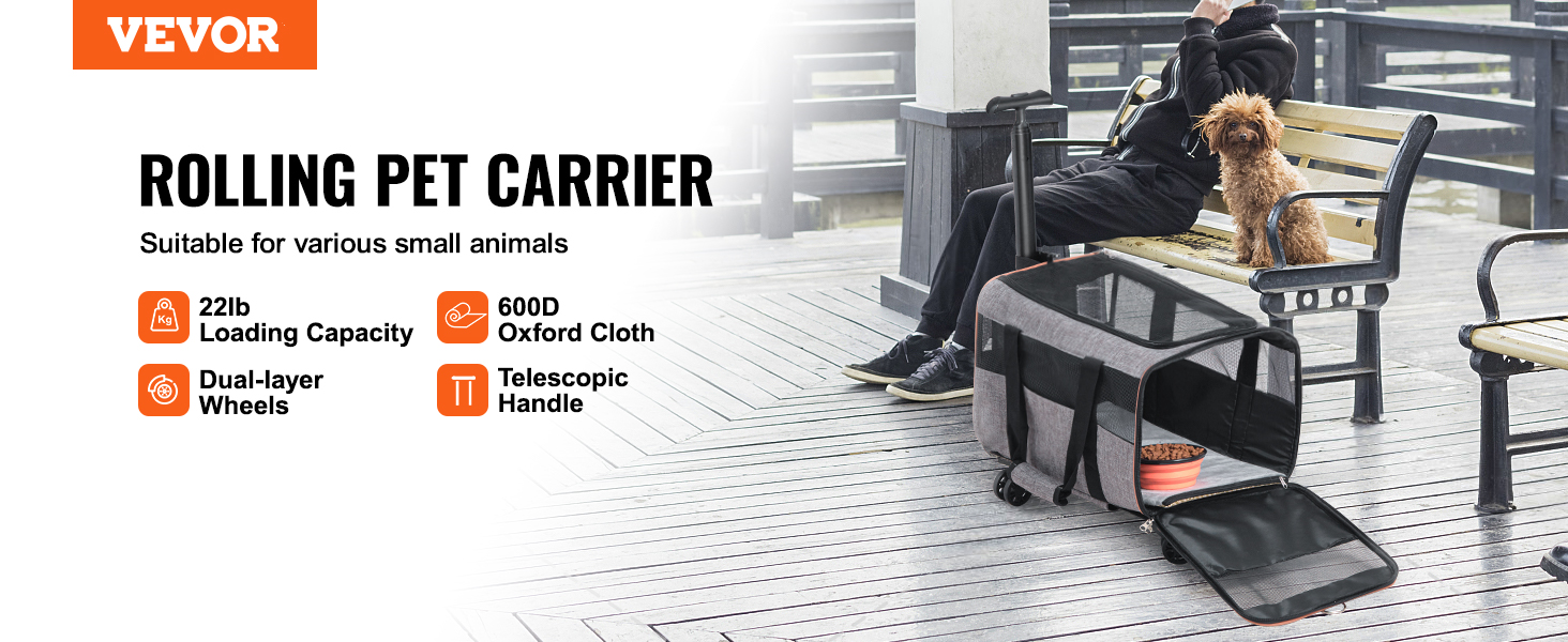 Тролей для собак VEVOR, розкладний, до 15,8 кг, з сумкою для зберігання, 4 колеса, з оксфорду 600D, сірий, ідеальний для подорожей
