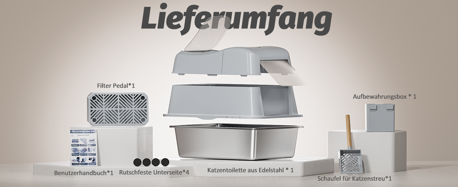 XXL Лоток для котів зі сталі з кришкою, 110° поворотна кришка, закритий лоток для котів, великий об'єм 40л з совочком та педальним механізмом, без запаху, захист від протікання та легке очищення, 60х42х44 см