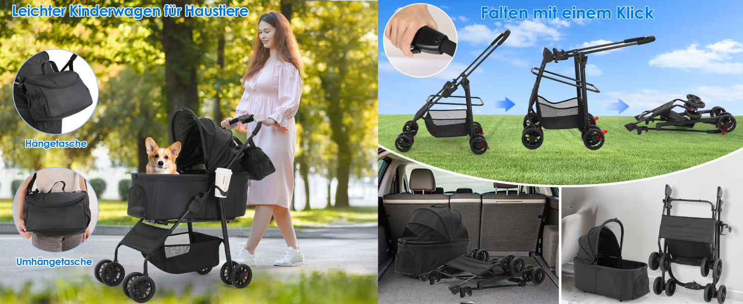 Візок для собак Mamizо 3-в-1, до 30 кг, з сумкою, поворотні колеса, для собак та котів, сірий