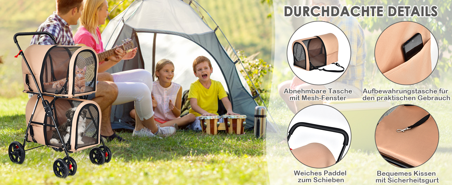 GYMAX Складаний візок для собак, буги для тварин з 2 знімними кишенями, візок для собак з передніми та задніми дверцятами, переноска для домашніх тварин з сітчастою тканиною та колесами з гальмами, переноска для собак та котів (Блакитний)