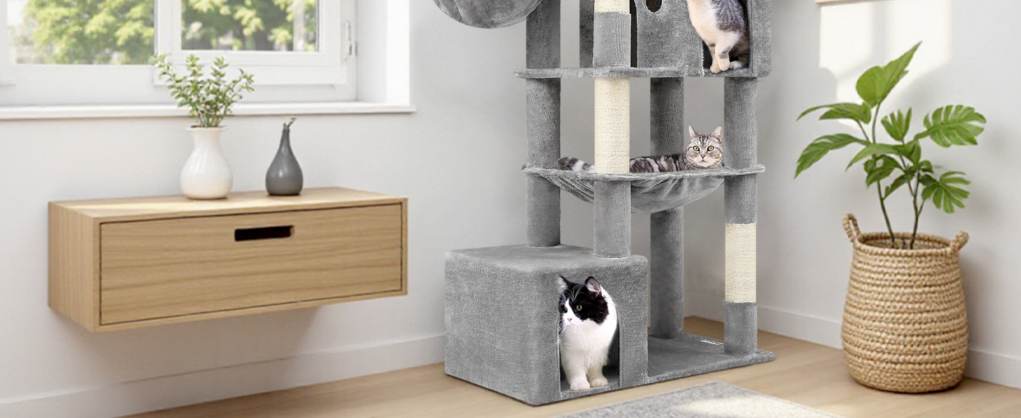 Драбина для котів Globlazer XXL 193 см з будиночком, гамаком, платформами та іграшками. Стабільна для 3-5 котів. Сірий колір.