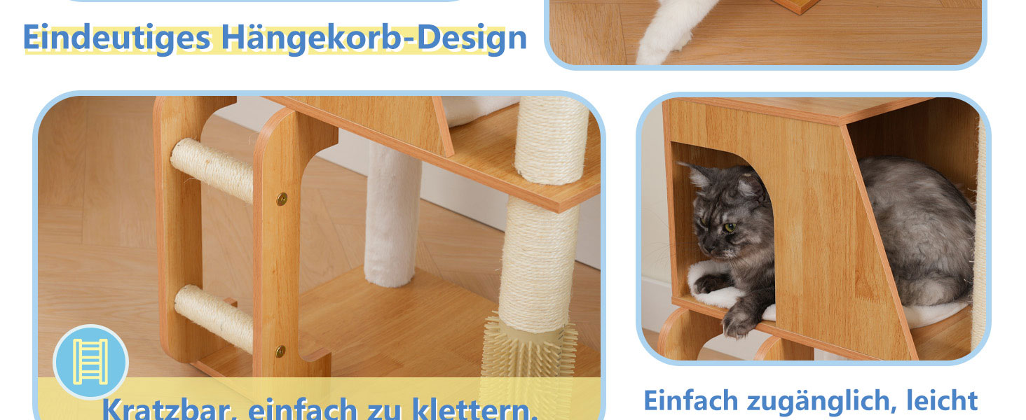 Дерев'яний кігтеточки Hey-brother Holz Kratzbaum 184 см для великих котів, багатоярусний, зі стійкою платформою, кошиком, будиночком, щіткою та драбиною, Noyer EMPJ121WB