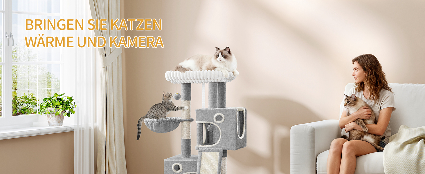 Кігтеточка для котів Hzuaneri, 98 см, з платформою, іграшками та кігтедраперами, сіра