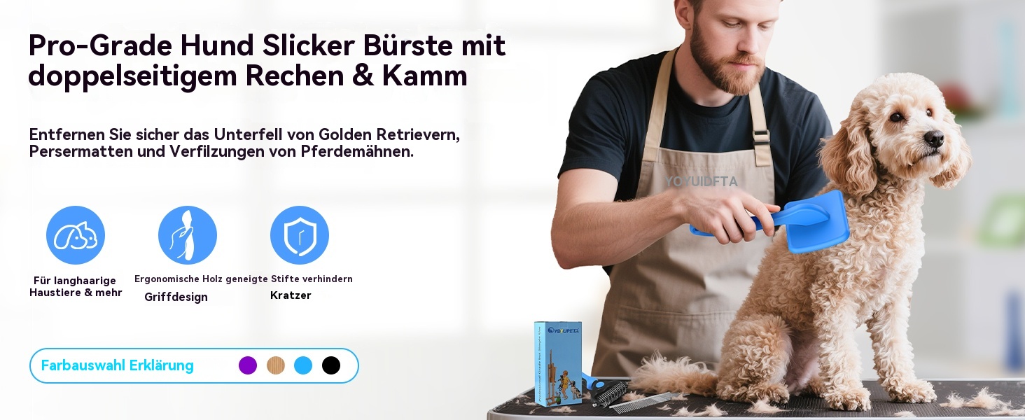 Набір для грумінгу собак великих порід Slicker Bürste Hund – 3 предмети: щітка Slicker, гребінець для підшерстка та гребінець з нержавіючої сталі. Підходить для довгошерстих собак та котів (Голден Ретрівер, Лабрадудль, Пудель)