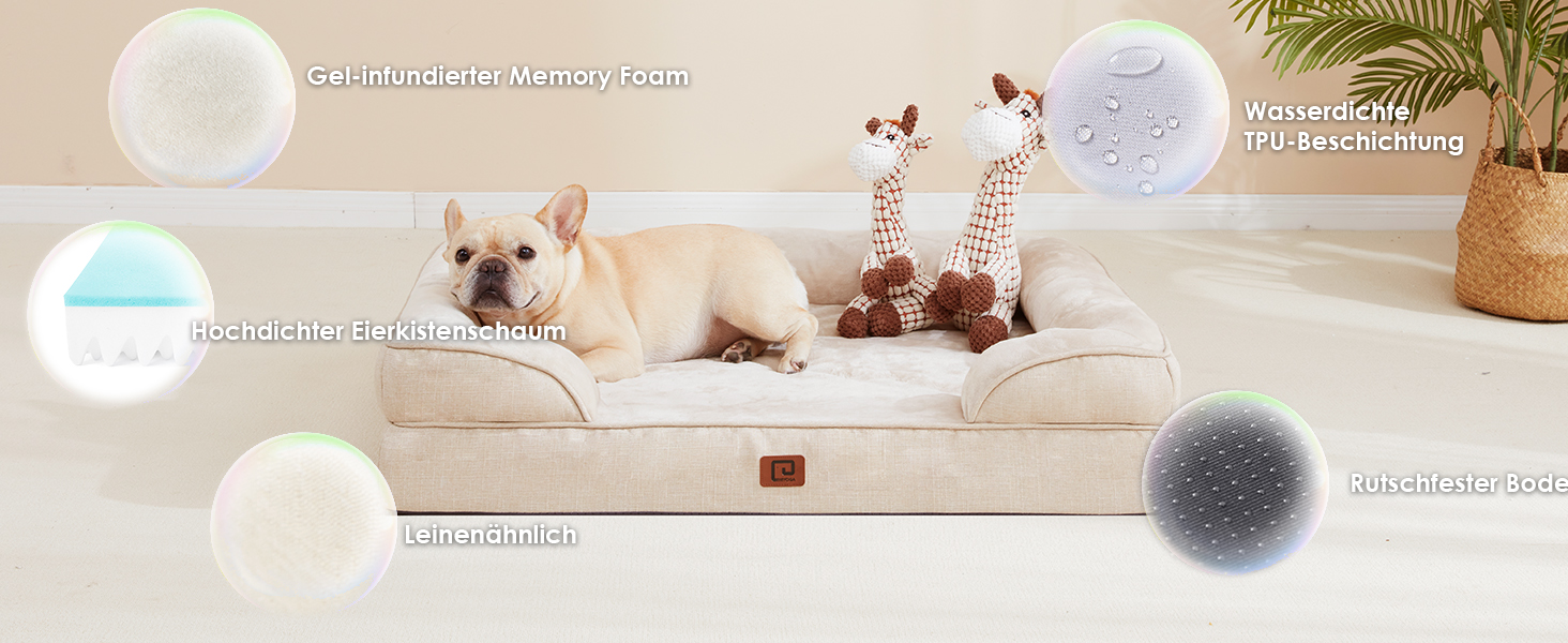 Ортопедичне ліжко для собак EHEYCIGA, 89x56 см, Memory Foam, для середніх та маленьких собак, вологостійке, з високим бортиком, бежеве