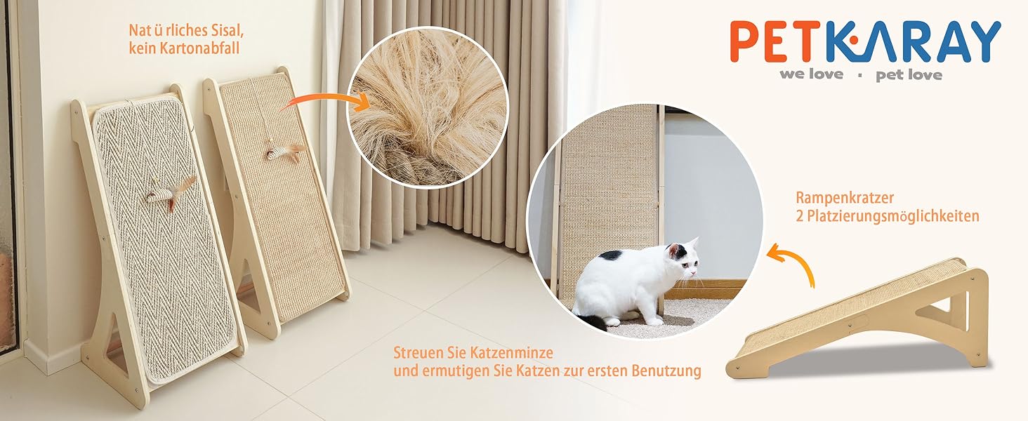 Кігтеточка для котів PETKARAY L-подібна з сизалю, 68 см, з котячою м'ятою та іграшкою-мишкою