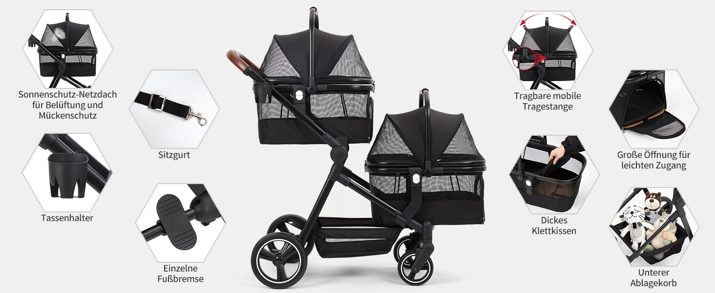 Складаний двоярусний візок для собак та котів до 22 кг, з сітчастими віконцями, тримачем для напоїв та місцем для зберігання. Ідеально для двох маленьких собак або котів. Легкий та зручний двошаровий візок.