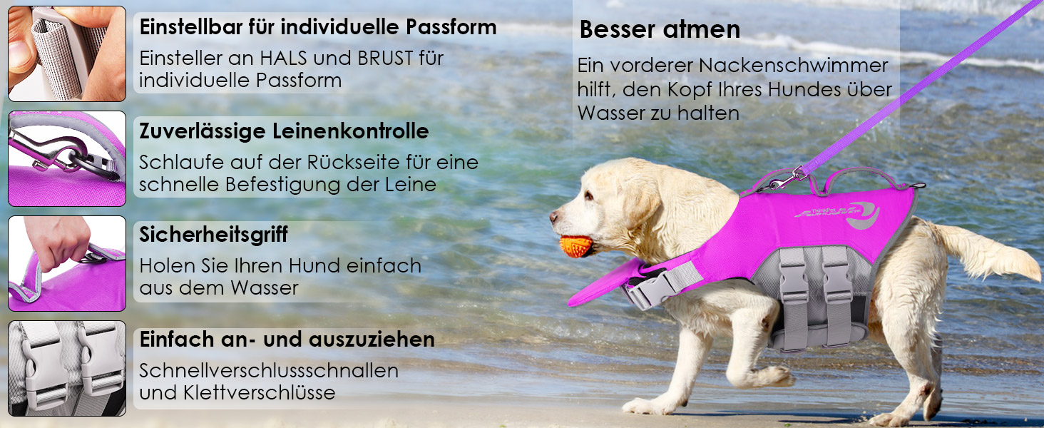 ThinkPet рятувальний жилет для собак, регульований, світловідбиваючий, з підйомною силою (фіолетовий, M)