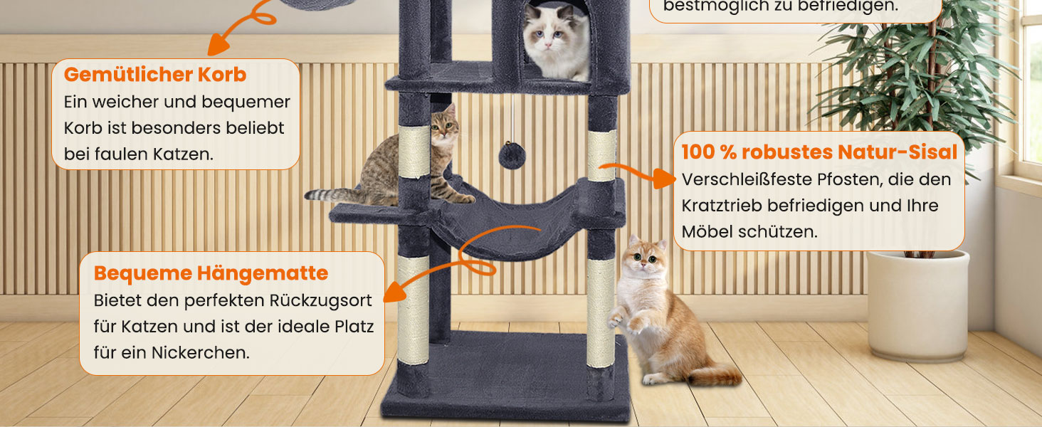 Котячий комплекс LEEJARD XXL: великий дерев'яний будиночок з платформами, когтеточками, будиночком, гамаком, іграшками та захистом від перекидання (180 см, бежевий)