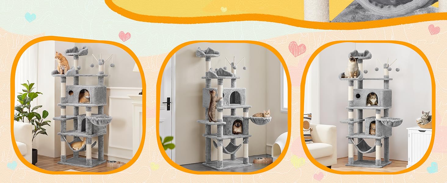 Котячий комплекс Yaheetech 170 см: кігтеточка, ліжко, гамак, іграшки, сірий колір