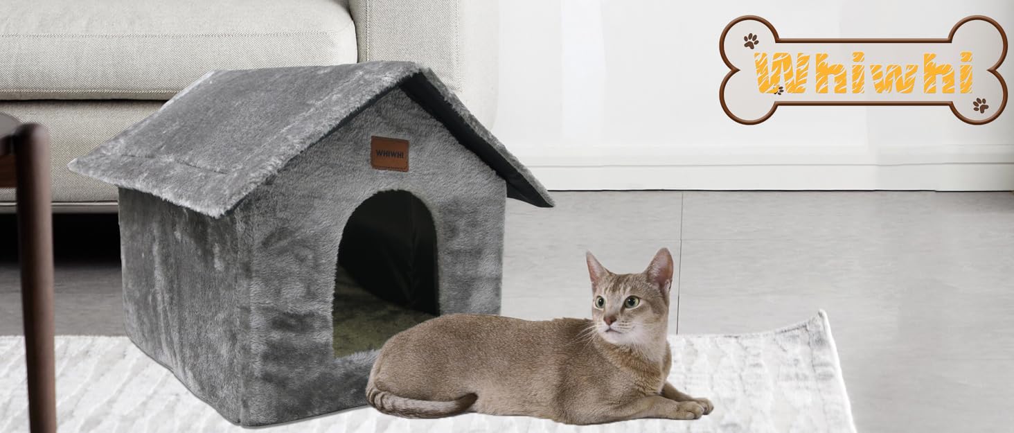 Whiwhi плюшевий будиночок для котів, котяче ліжко-ніша з м'якою подушкою, переносна хижка для кота з нековзким дном, тепла і затишна, 45x40x45 см, бежева