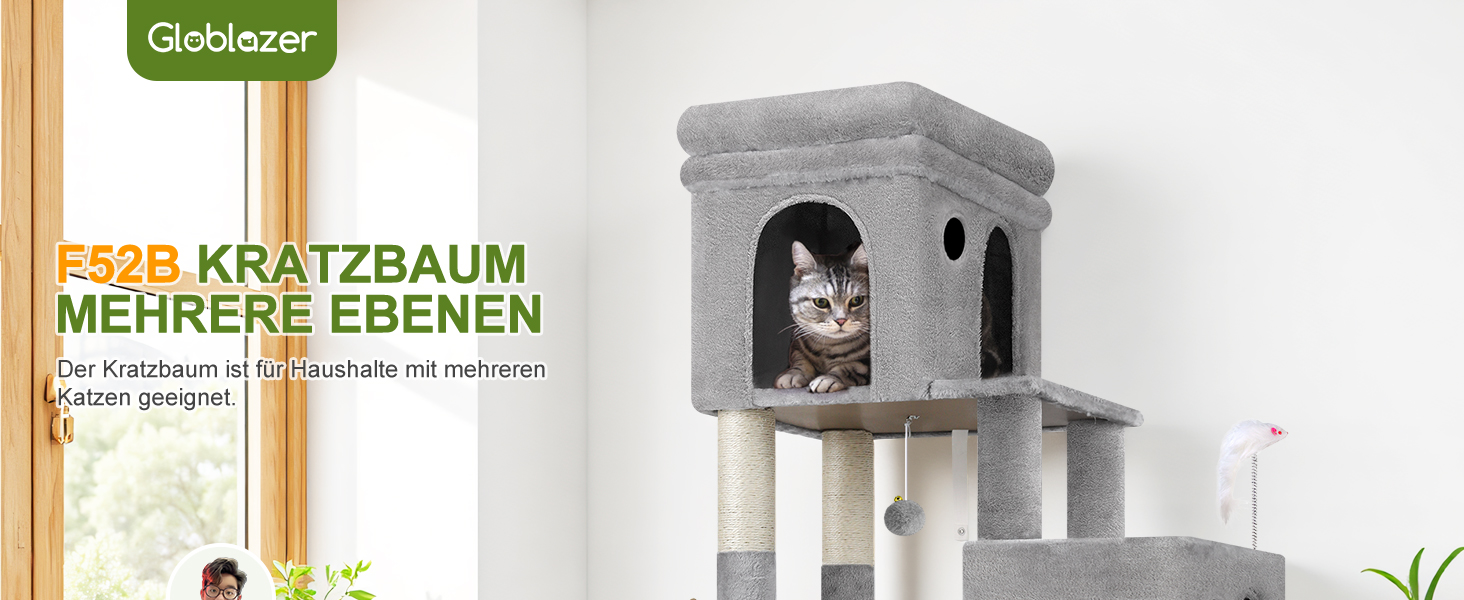 Дерево для котів Globlazer XL сірого кольору з великою печерою для 2-4 котів, когтеточкою з сизалю, м'яким кошиком та іграшками, висота 133 см
