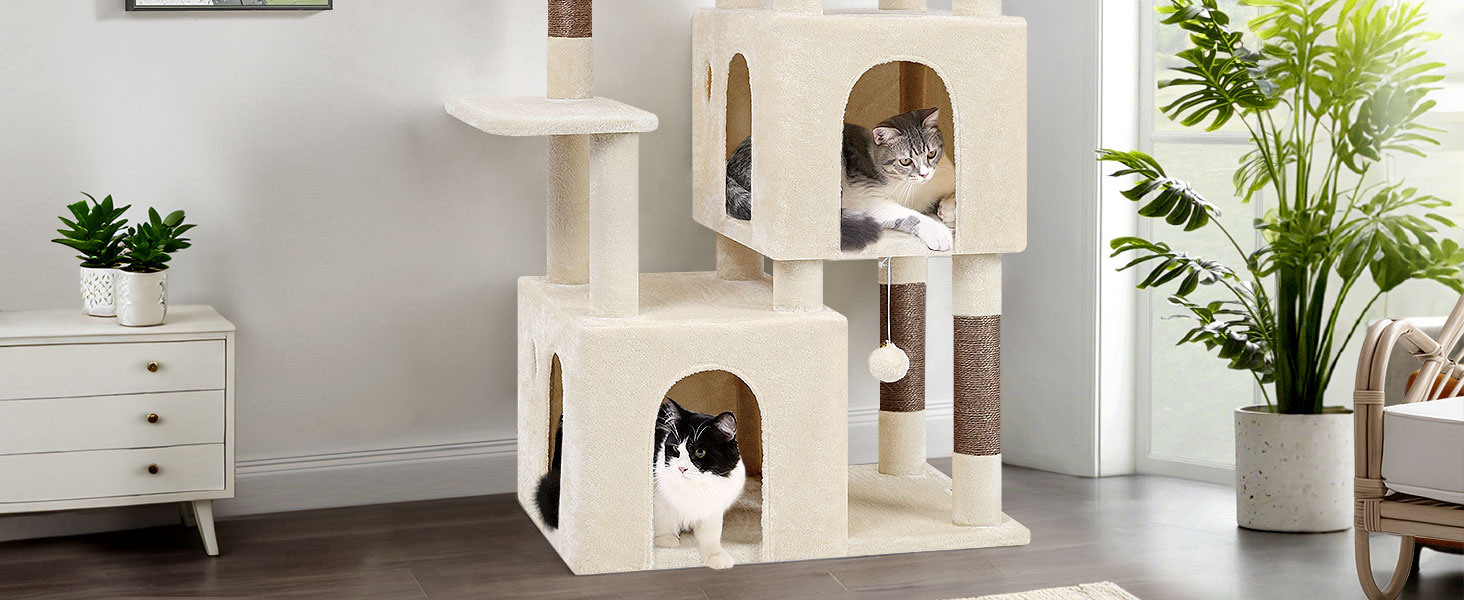 Драбина для котів Globlazer XL, бежева, 156 см: стабільна, з будиночком, платформами та сизалевими стовпчиками