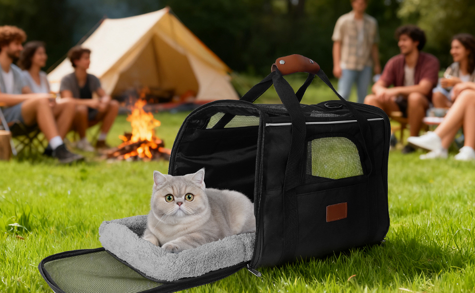 Транспортна сумка для кота, переноска для кота, складана переноска для кота в літаку, переноска для тварин з мискою та флісовим килимком, переноска для котів та маленьких собак до 10 кг (Чорна)