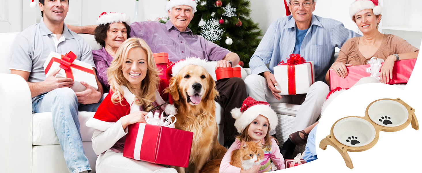 Набір мисок для котів та собак GmeDhc: 2 миски з кераміки на дерев'яній підставці