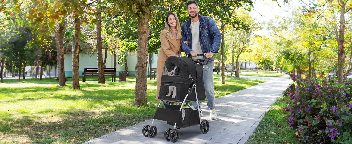 Візок для собак та котів YITAHOME, до 15 кг, з сітчастими віконцями, тримачем для напоїв та кошиком для речей (Чорний)