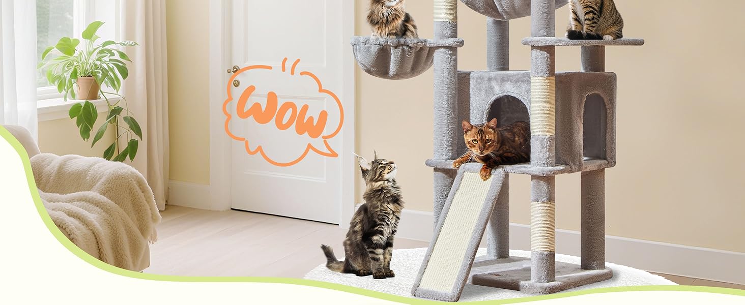 Дерево для котів Taoqimiao 183 см, велике XXL, з будиночком, гамаком, стійке, сірого кольору MS045W
