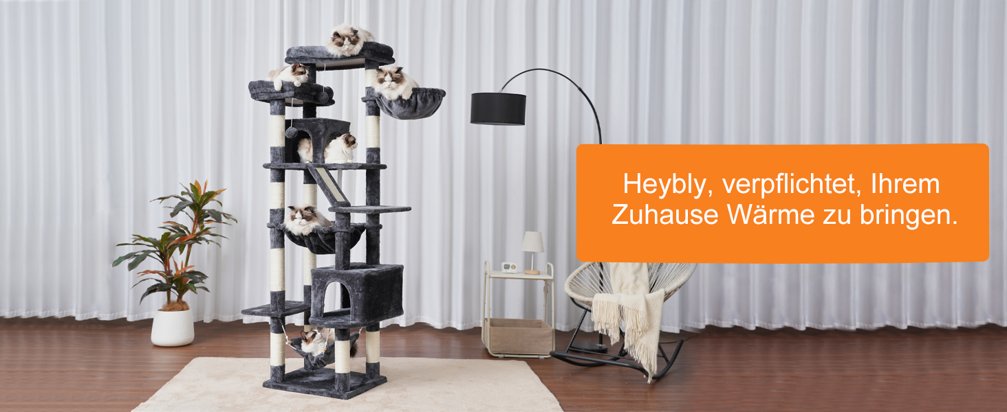 Кігтеточка-вежа для котів Heybly, 180 см, сірий, з 2 платформами, 2 будиночками, 2 гамаками, корзиною та дряпалкою HCT034G