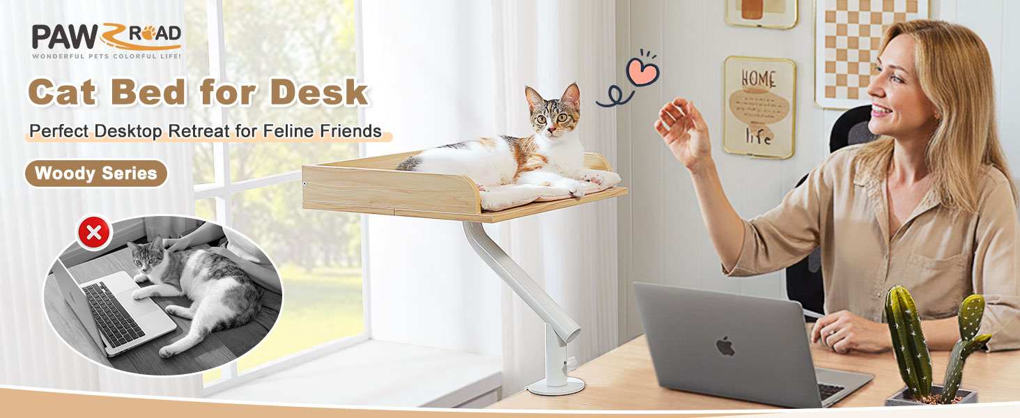 PAWZ Road: ліжко для кота на стіл, дерев'яне ліжко для котів, кошик для котів, 360° обертання та регулювання висоти, гамак для котів для дряпання, підтримує до 23 кг (Бежевий, прямокутне дерево)