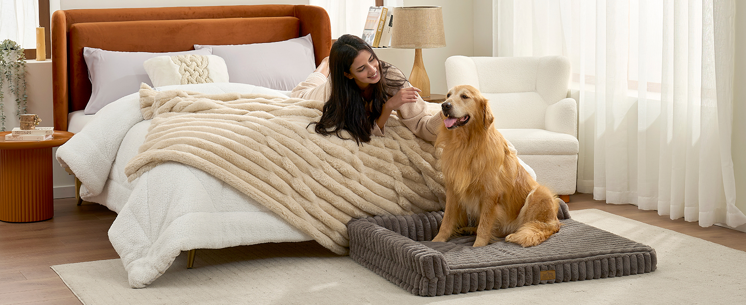 Ортопедичне ліжко для собак з штучним хутром, L-подібне, 76x51x15 см, Бежеве