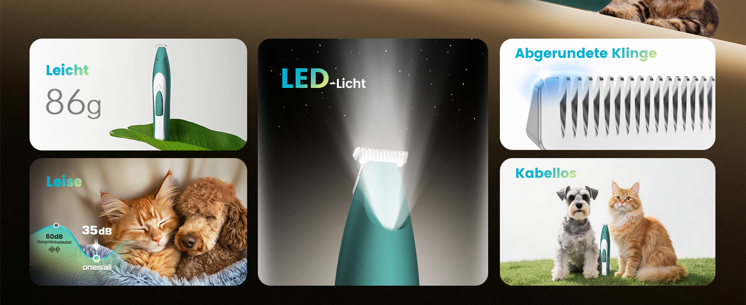 Триммер для собак Oneisall: безшумний, акумуляторний, з LED-підсвічуванням. Ідеально для стрижки подушечок лап, очей, вух та обличчя. Зелений колір