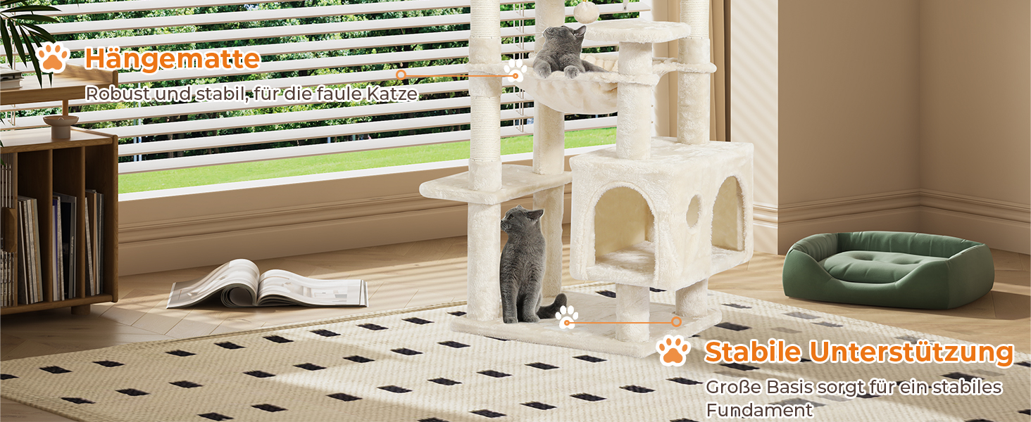 Кігтеточка для котів MSmask велика, стабільна, багатоярусна з 2 платформами, 2 будиночками, гамаком, сизалевими стовпчиками (Бежева, 160 см)