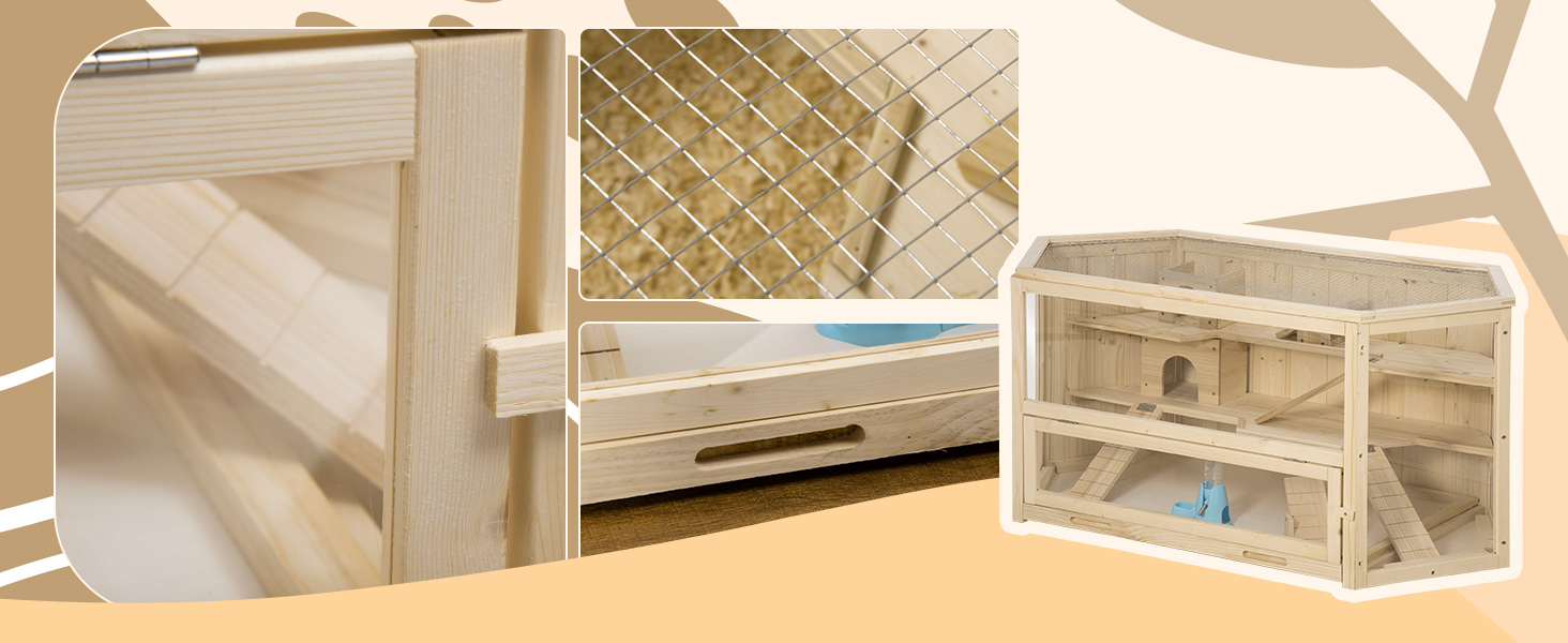 Клітка для дрібних тварин PawHut з рампою, гойдалкою та відкидною кришкою, 115 x 60 x 55 см, натуральне дерево та PS пластик