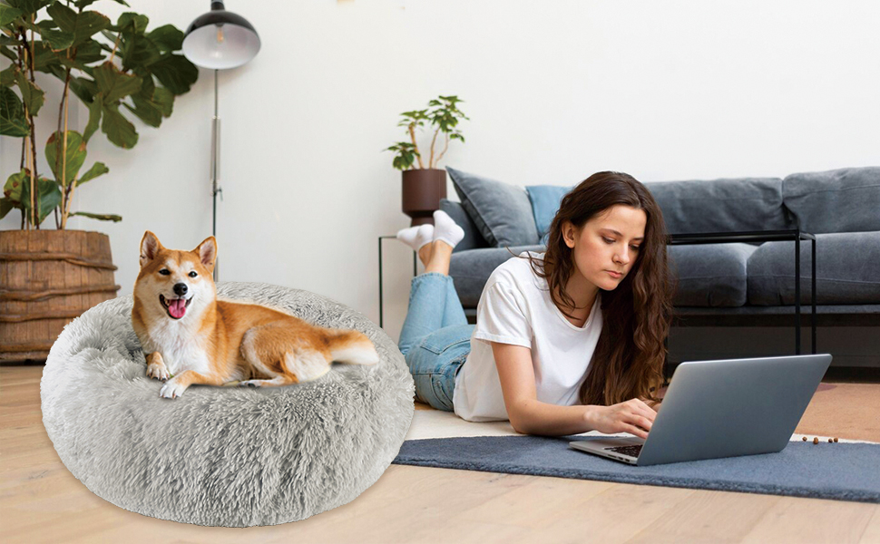 Крісло-лежанка для собак великих та середніх порід, 60 см Ø - м'яке та дихаюче лежанка з антиковзною основою та піднятим бортиком, темно-сірий колір, розмір 60 x 60 x 18 см