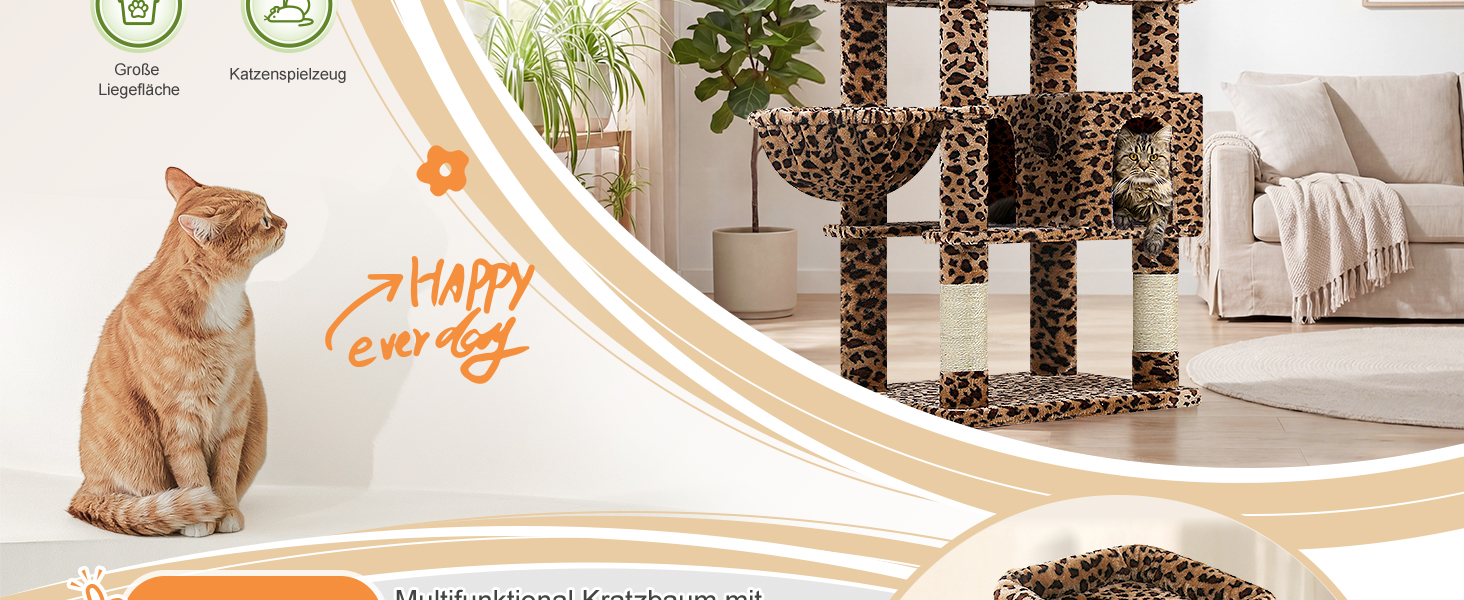 Драбина для котів Globlazer XXL, 209 см: 3 стійкі лежанки, 2 будиночки, 2 кошики, велика платформа, іграшки, стабільна для 3-5 котів. Leoparden