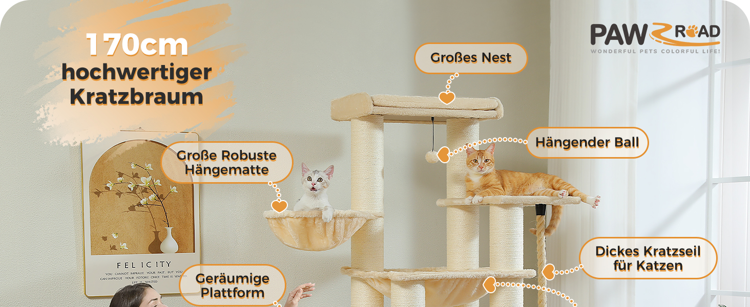 Котячий комплекс PAWZ Road з когтеточками, багатоярусний, з гамаком, 13 стовпчиків для дряпання (діаметр 11 см), велика платформа, висота 170 см, 2 кошики, колір бежевий