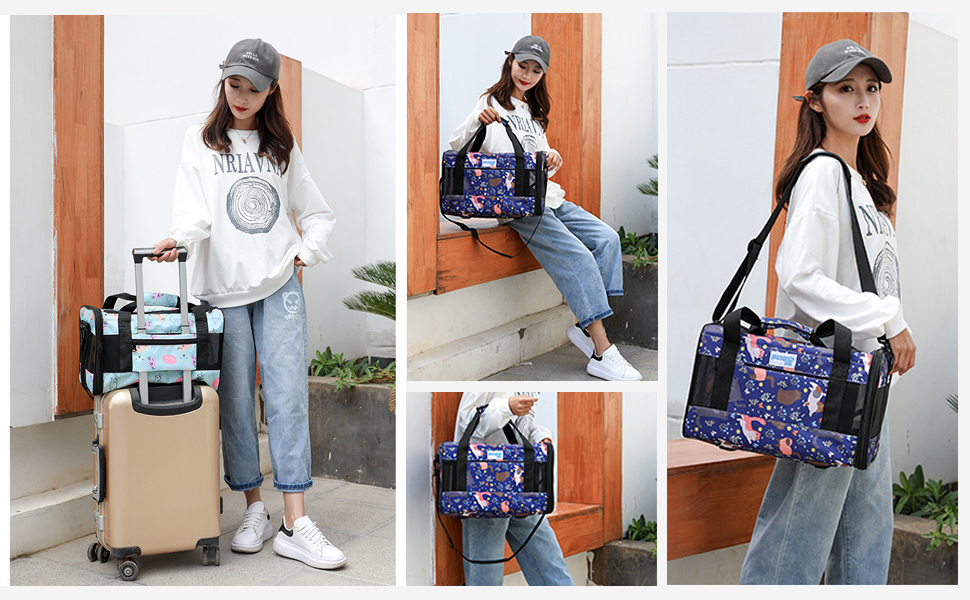 PETCUTE Транспортна сумка для котів та собак, складана, з плечовим ременем, схвалена авіакомпаніями, дихаюча, знімний килимок, M, Marineblau (Морський блакитний)