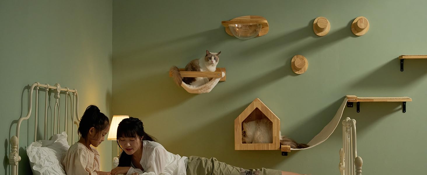 Кігтеточка-стінка для котів FUKUMARU, велике котяче ліжко на стіну, з масивного гумового дерева, біле фланелеве покриття, вантажопідйомність до 18 кг