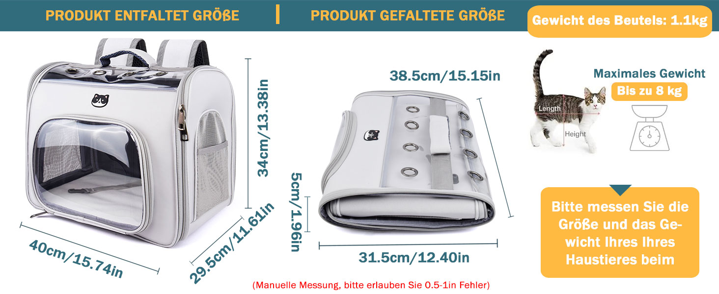 Рюкзак для кота Onebarleycorn з вікном, переноска для кота та маленьких собак до 2-8 кг, сірий, дихаючий, складаний