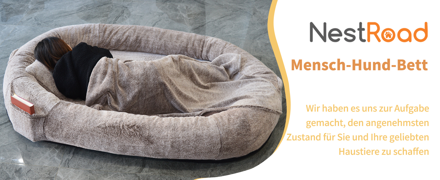 Ліжко для собак та людей NESTROAD, 180x114x35 см, знімний чохол з штучного хутра та ковдрою, велике ліжко-мішок для відпочинку, колір: верблюжий