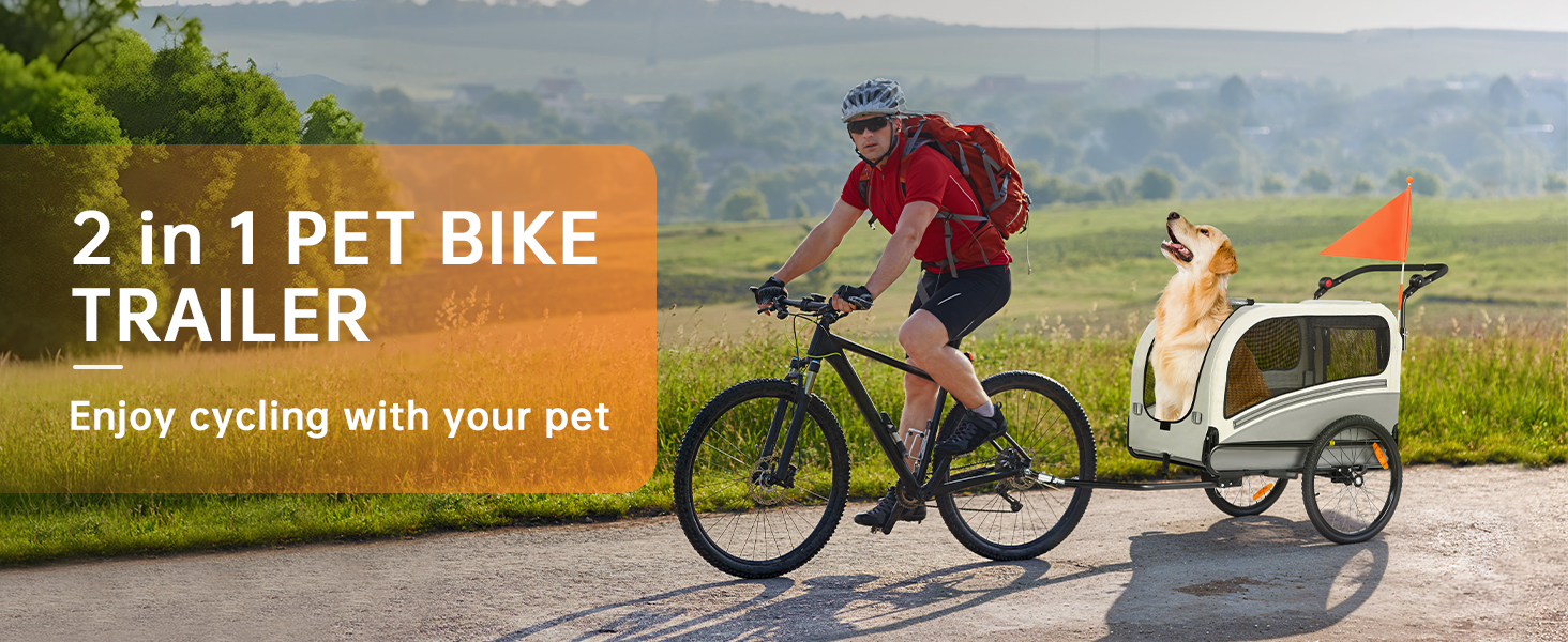 2-в-1 Причіп для собак XXL, Фарбований причіп для собак з дахом, Відбивачі та світловідбиваючі смуги, Універсальний з'єднувальний елемент для велосипеда, Регульована ручка-штовхач, Сірий