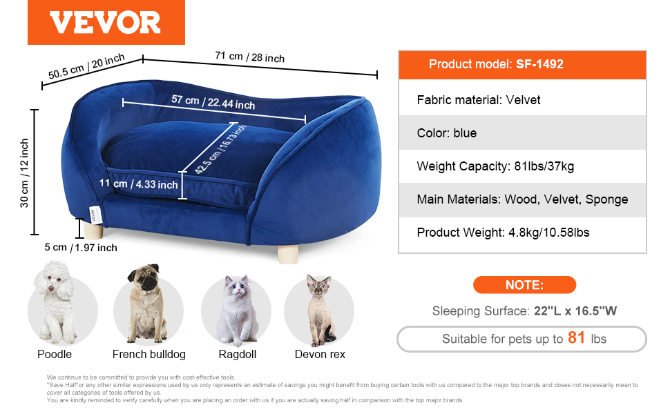 Крісло-лежанка для домашніх тварин VEVOR, лежанка для собак та котів середнього розміру, м'яка велюрова лежанка для собак, крісло для котів, що витримує до 37 кг, лежанка для домашніх тварин, темно-синій колір, розмір L (71 x 51 x 11 см)