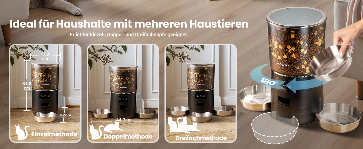 Автоматичний годівниця для котів з Wi-Fi та таймером, 6 л / 25 чашок, 3 миски, 3 пакети силікагелю, система проти застрягання, 2.4G Wi-Fi, запис голосу 10 секунд, чорний