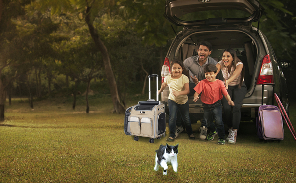 Рюкзак-переноска для кота OUUTMEE з візком, до 20 кг, велика, дихаюча, бежева